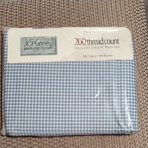 JCPenney Home Collection Blue Gingham Bedding Flat Sheet 200 Thread Count NIP